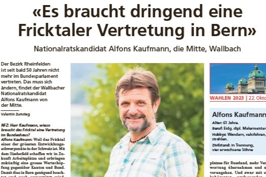 Es braucht dringend eine Fricktaler Vertretung in Bern. Zeitungsartikel Neue Fricktaler Zeitung vom 06.10.2023